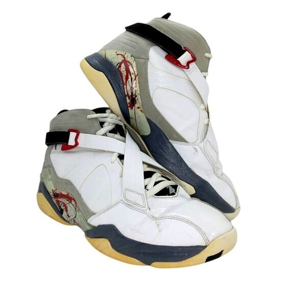 Nike Air Jordan 8 Men's Pre-owned Wht/Blk/Gry/Red Basketball Sneakers-sz. 10 1/2